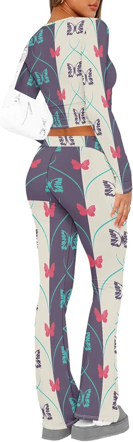 2 Piece Sets for Women 2025 The Four Seasons Travel Outfits Foldover Flare Pants Long Sleeve T-shirt Casual Comfy Loungewear