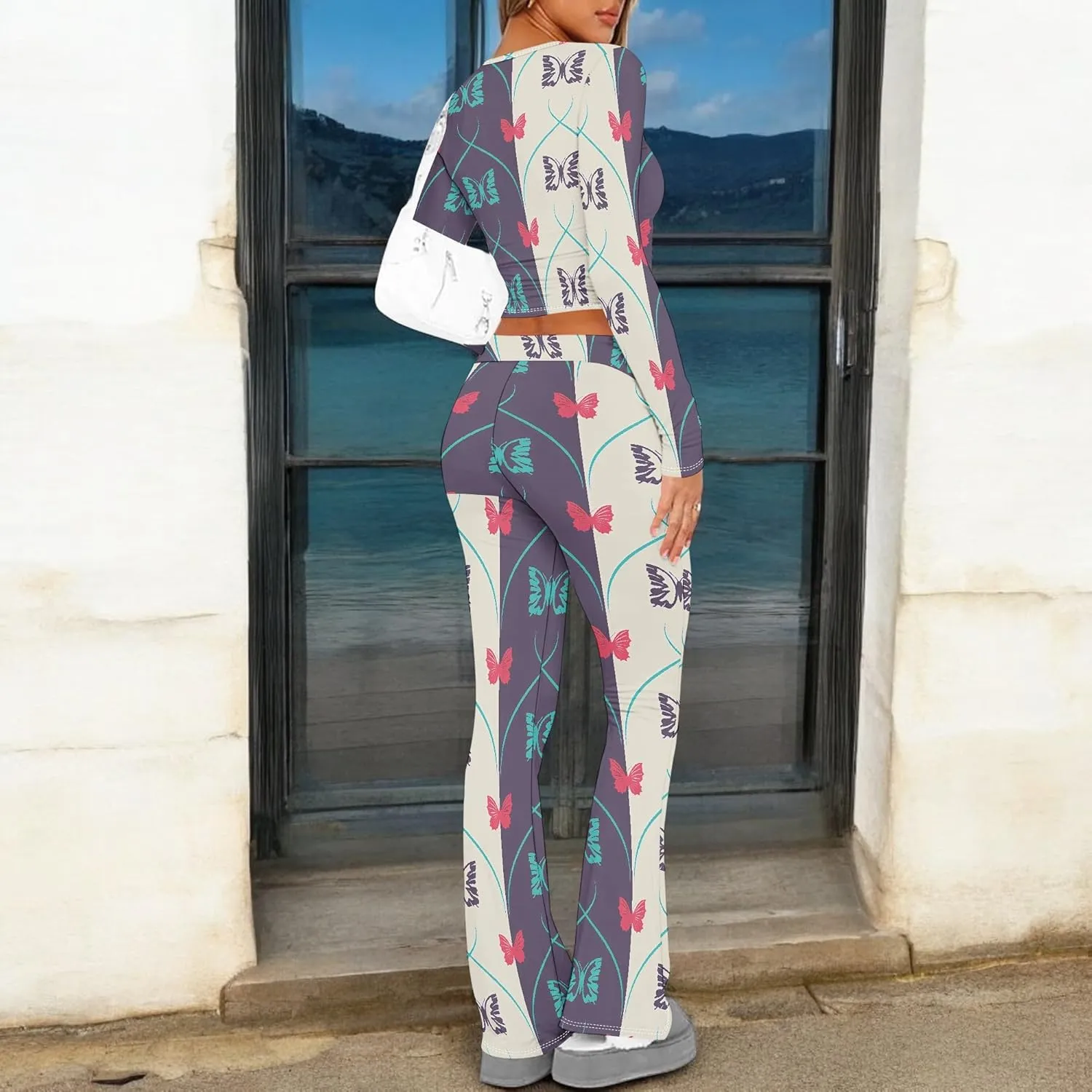 2 Piece Sets for Women 2025 The Four Seasons Travel Outfits Foldover Flare Pants Long Sleeve T-shirt Casual Comfy Loungewear
