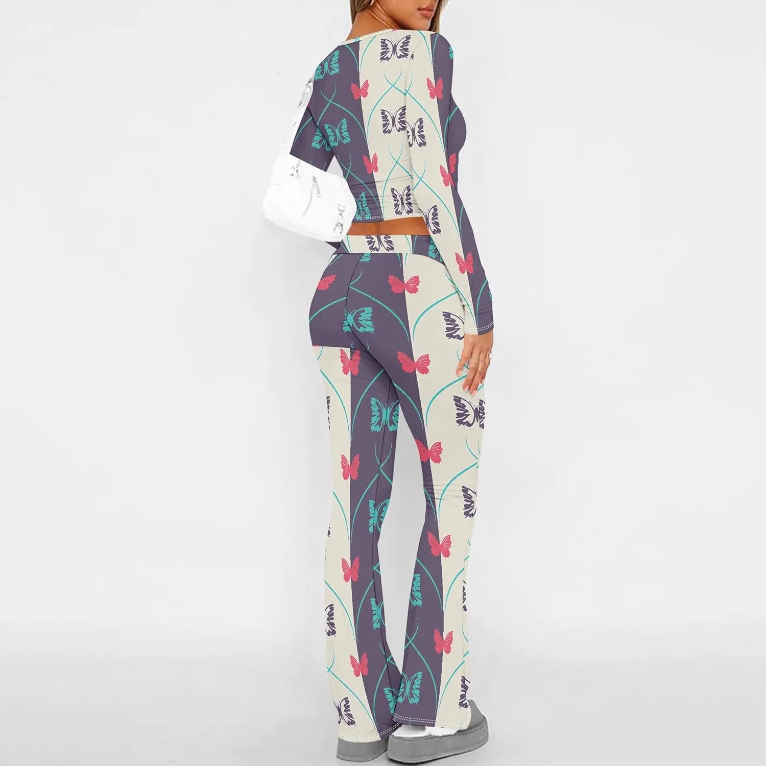 2 Piece Sets for Women 2025 The Four Seasons Travel Outfits Foldover Flare Pants Long Sleeve T-shirt Casual Comfy Loungewear