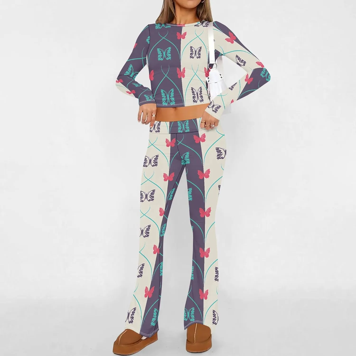 2 Piece Sets for Women 2025 The Four Seasons Travel Outfits Foldover Flare Pants Long Sleeve T-shirt Casual Comfy Loungewear