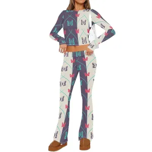 2 Piece Sets for Women 2025 The Four Seasons Travel Outfits Foldover Flare Pants Long Sleeve T-shirt Casual Comfy Loungewear