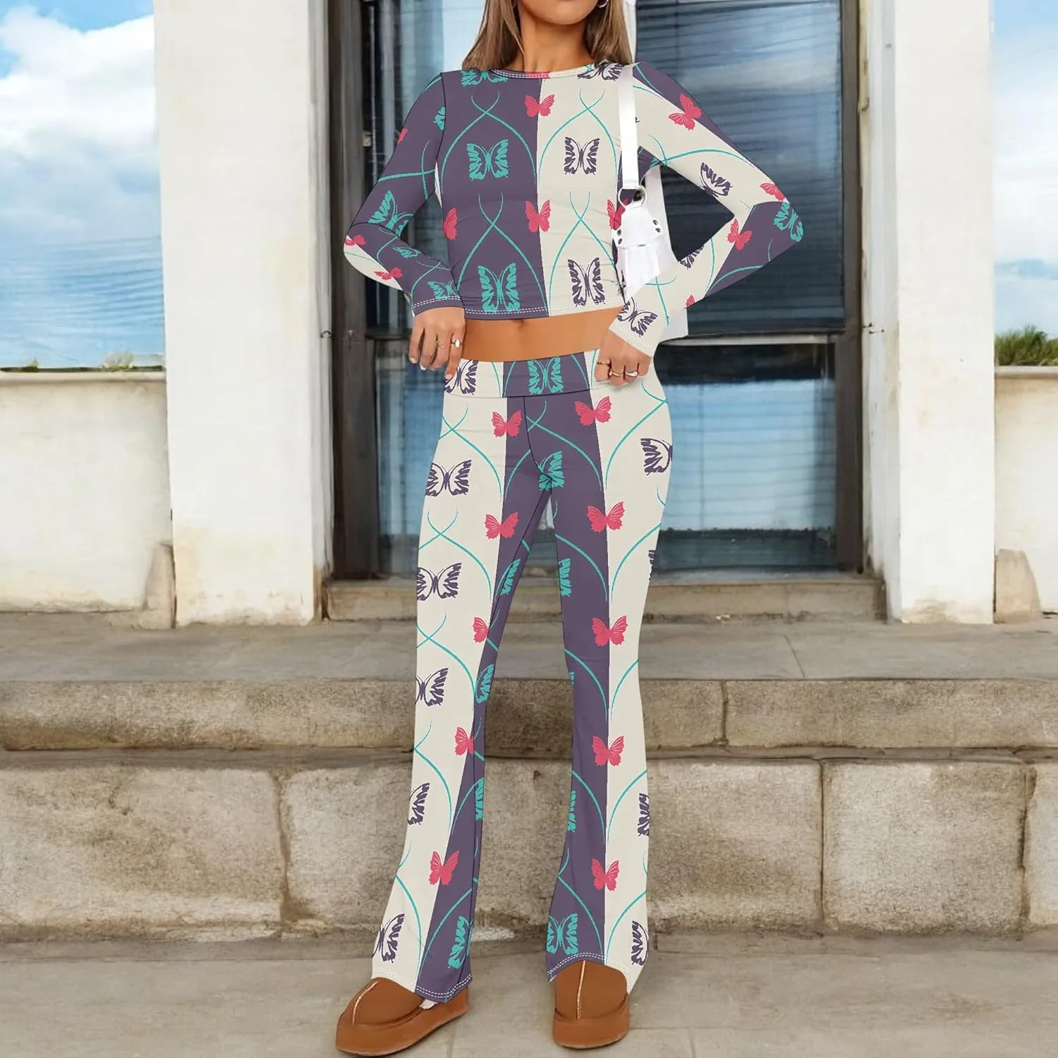 2 Piece Sets for Women 2025 The Four Seasons Travel Outfits Foldover Flare Pants Long Sleeve T-shirt Casual Comfy Loungewear