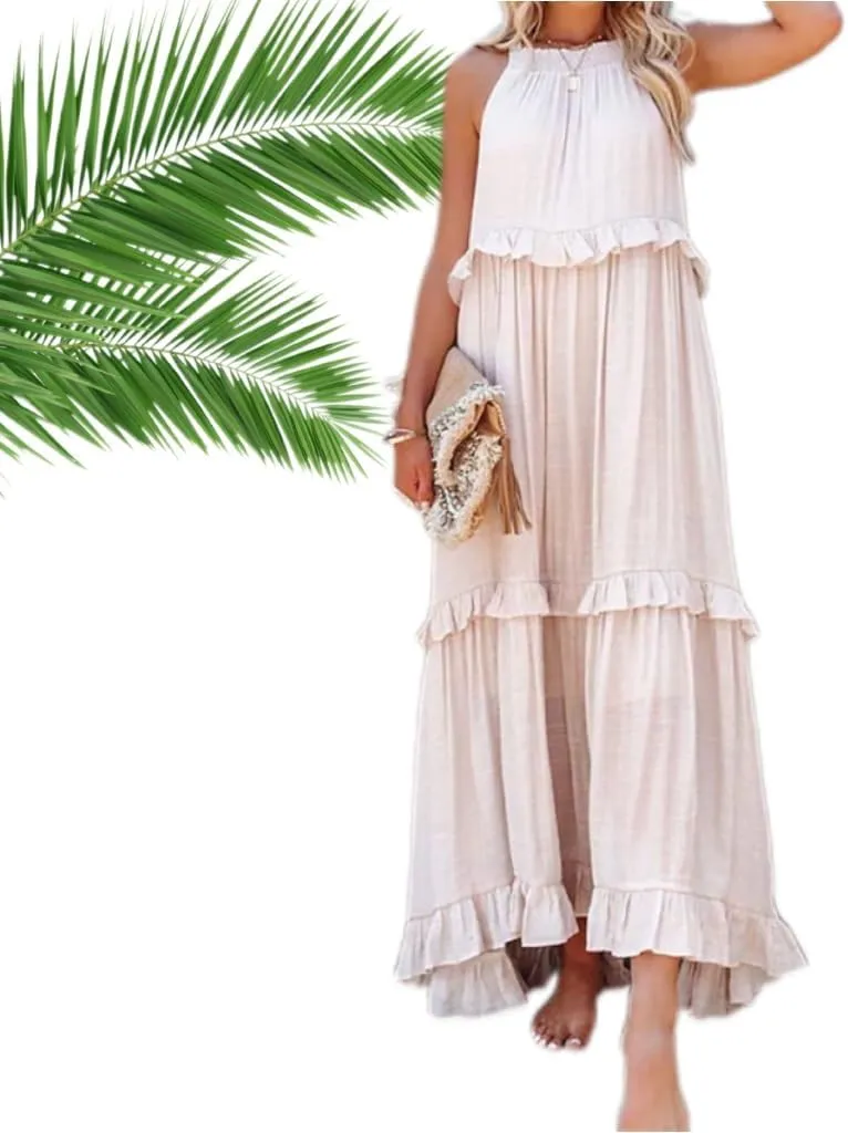 2024 Long Summer Dresses For Women Sleeveless Halter Maxi Dress Casual Flowy Ruffle Sundress Boho Flowy Maxi Dresss