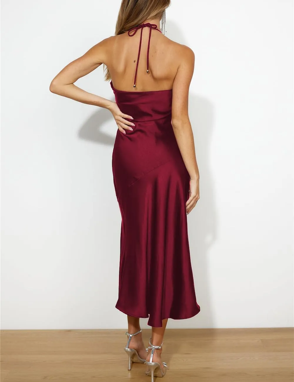 2024 Summer Satin Tube Tops Slit Wedding Guest Dress for Women Elegant Sexy Strapless Halter Neck Midi Dresses