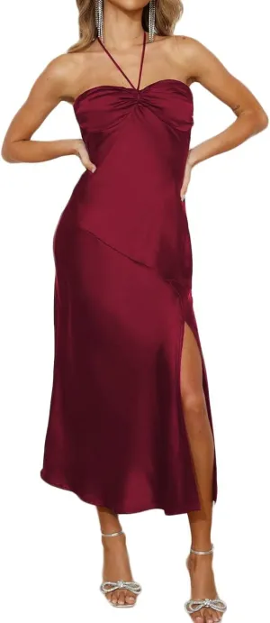 2024 Summer Satin Tube Tops Slit Wedding Guest Dress for Women Elegant Sexy Strapless Halter Neck Midi Dresses