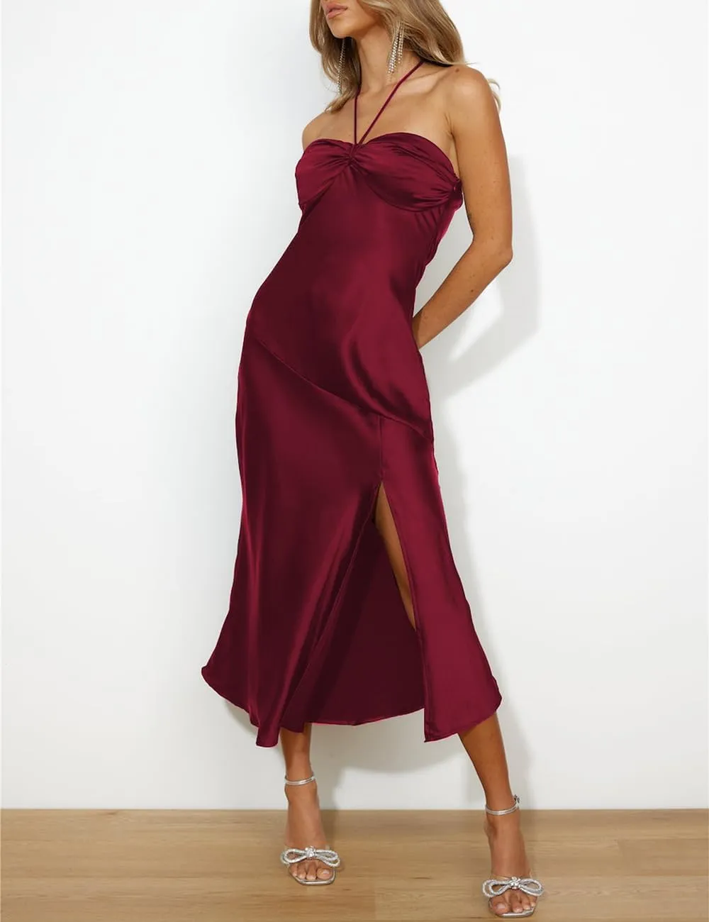 2024 Summer Satin Tube Tops Slit Wedding Guest Dress for Women Elegant Sexy Strapless Halter Neck Midi Dresses