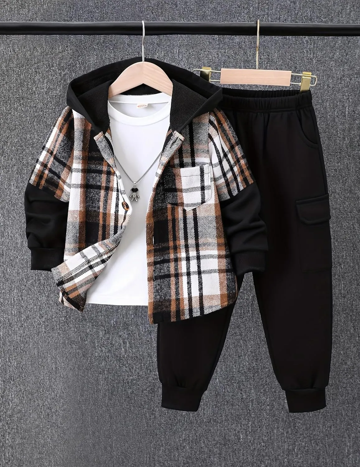 2Pcs Kids Boys Flannel Plaid Shirt Tops Pants Set Hoodie Sweatsuit for Fall Winter Spring Outfits 4-12 Years