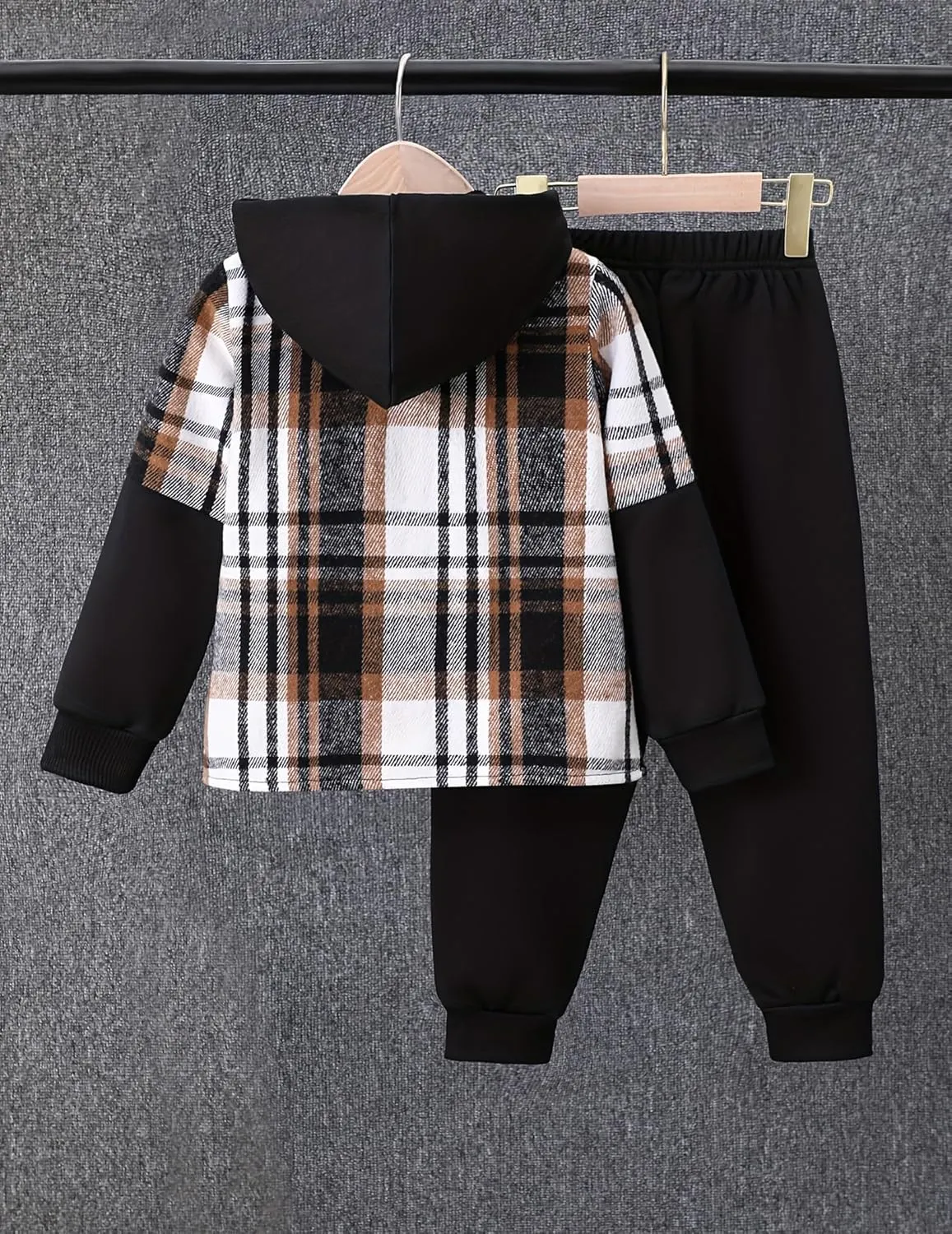 2Pcs Kids Boys Flannel Plaid Shirt Tops Pants Set Hoodie Sweatsuit for Fall Winter Spring Outfits 4-12 Years