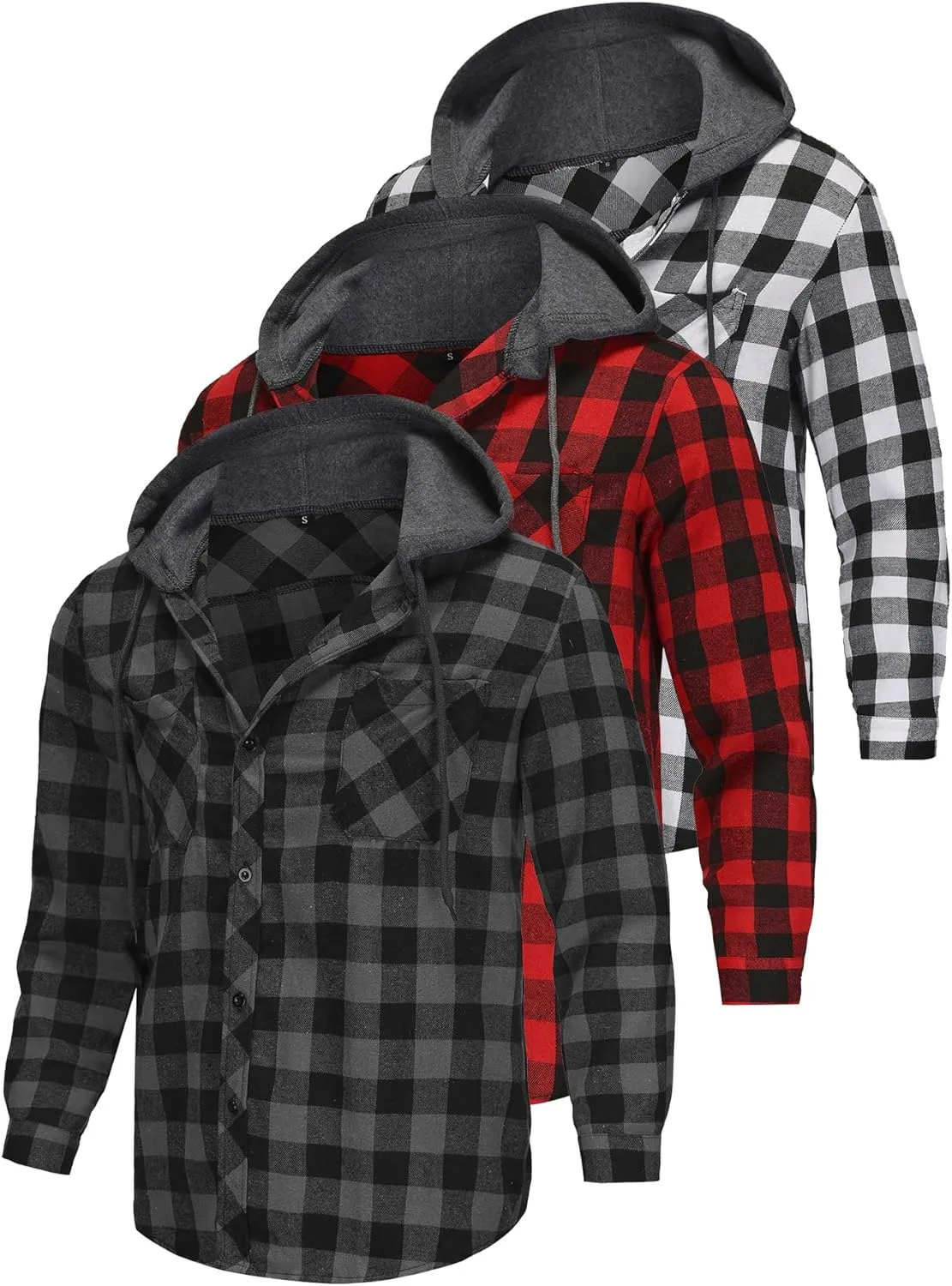 3 Pack Lightweight Hooded Flannel Shirt for Men Casual Button Down Plaid Shirt Long Sleeve Fashion Hooded with Pocket