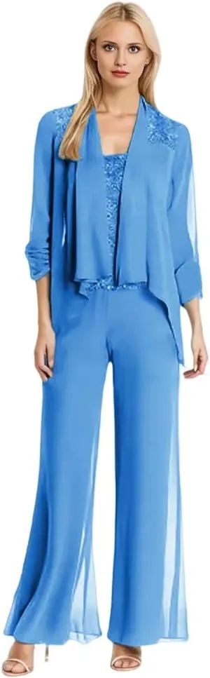 3Pcs Mother of The Bride Dresses Pantsuit for Wedding Long Sleeve Chiffon Formal Outfit with Sequins