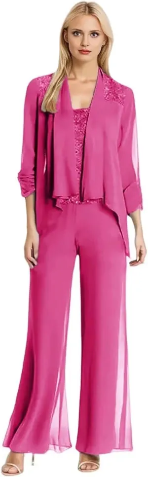 3Pcs Mother of The Bride Dresses Pantsuit for Wedding Long Sleeve Chiffon Formal Outfit with Sequins