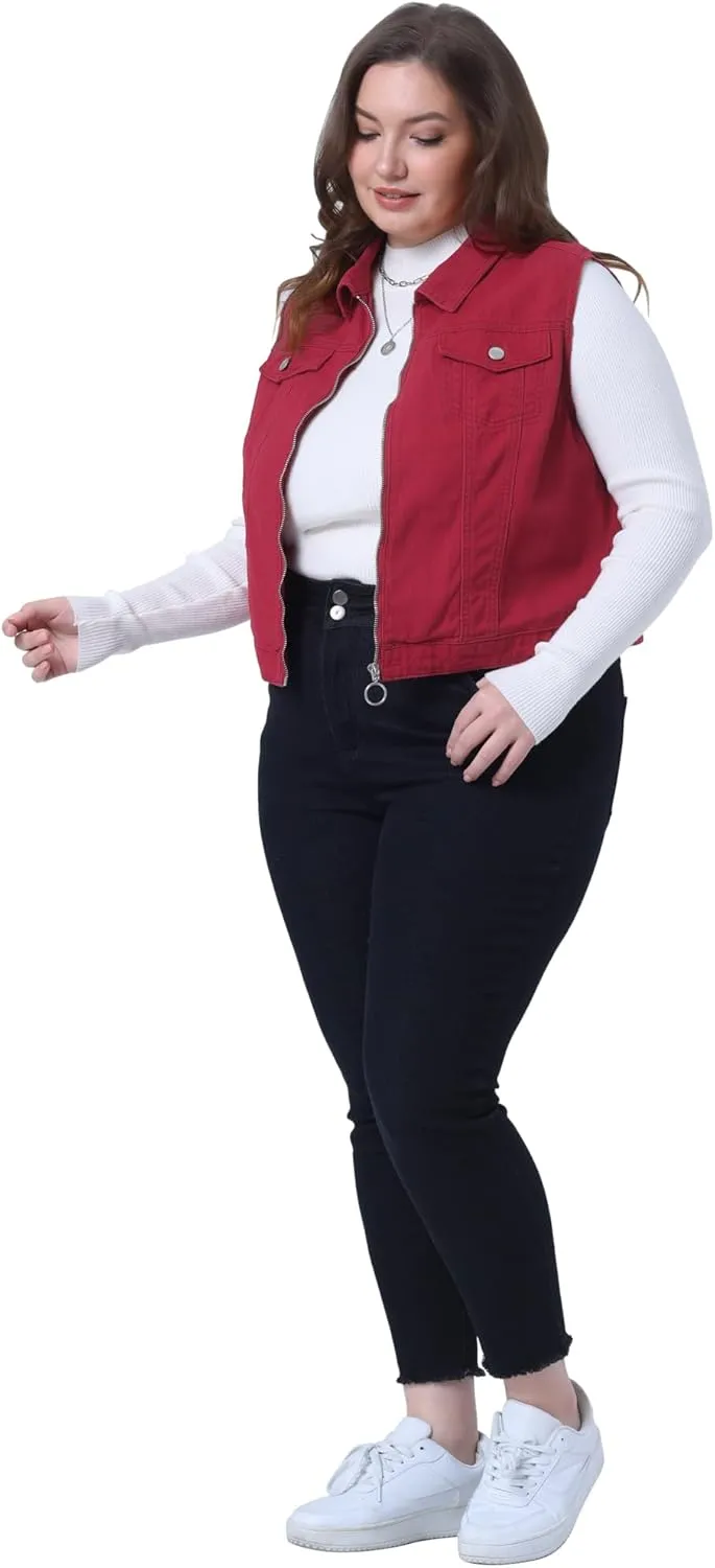 Agnes Orinda Plus Size Denim Vest for Women Sleeveless Zip Up Button Down Jeans Jacket Vest