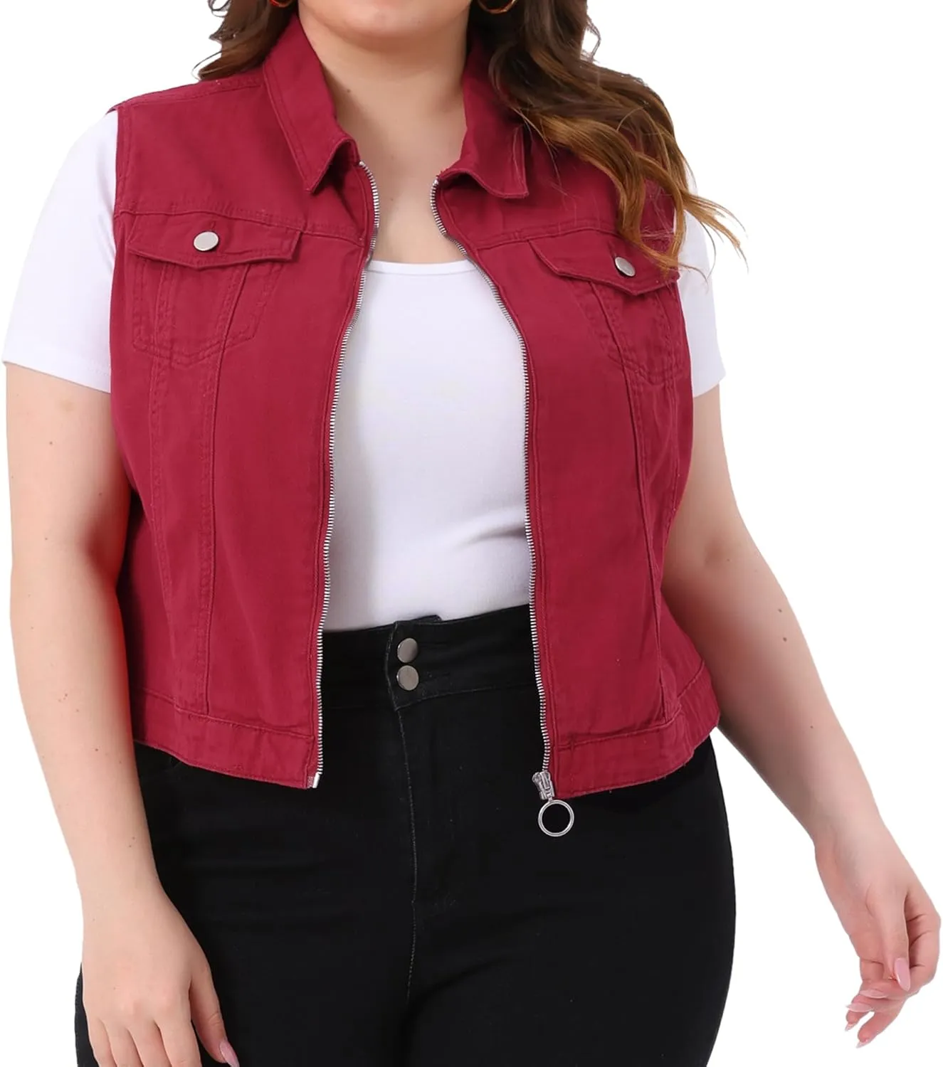 Agnes Orinda Plus Size Denim Vest for Women Sleeveless Zip Up Button Down Jeans Jacket Vest