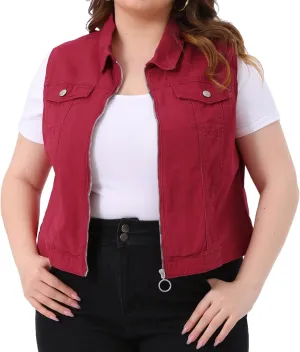 Agnes Orinda Plus Size Denim Vest for Women Sleeveless Zip Up Button Down Jeans Jacket Vest