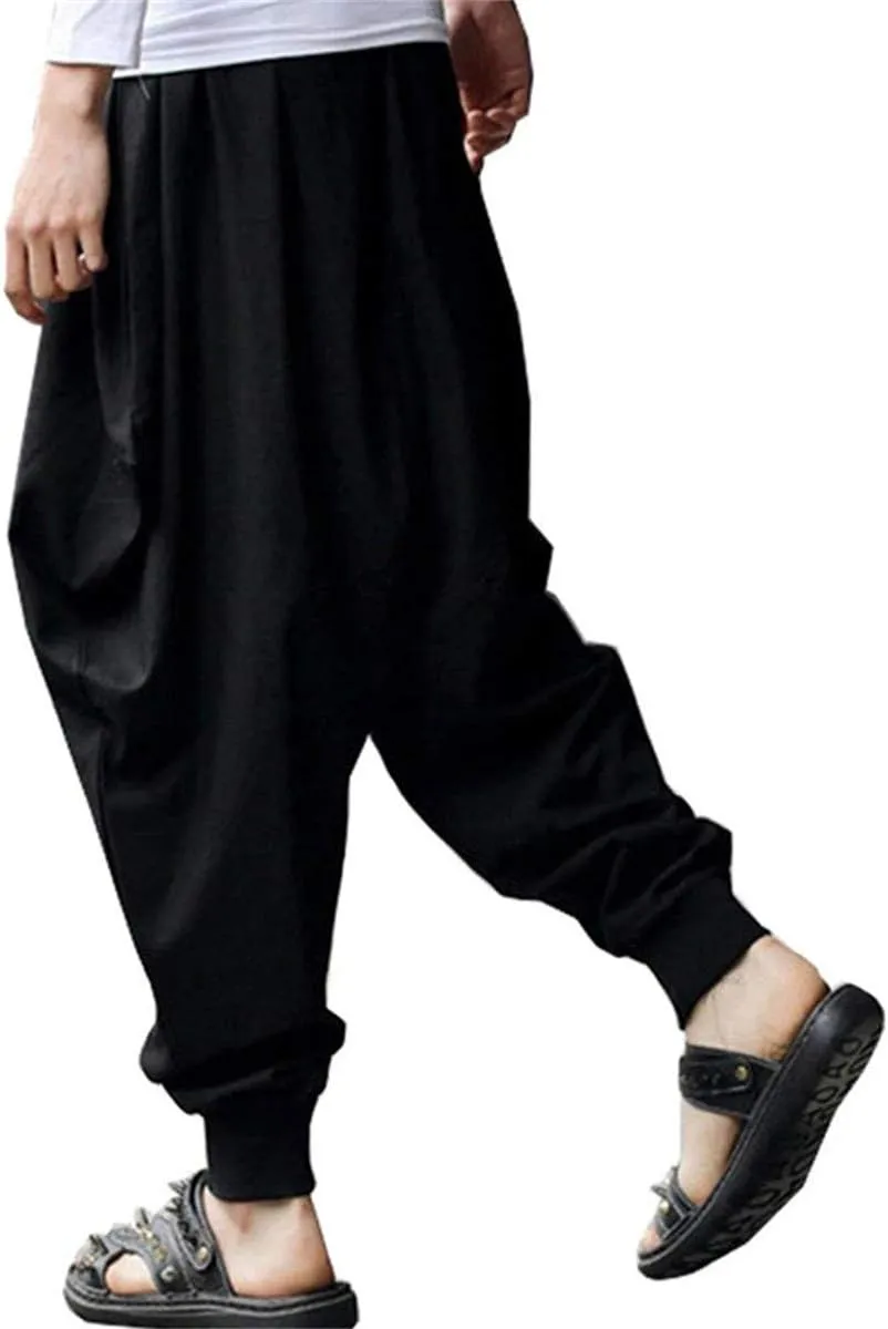 AITFINEISM Men's Drawstring Aladdin Hippie Harem Pants Loose Drop Crotch Trousers