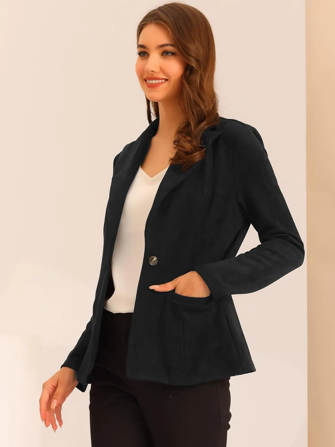 Allegra K Faux Suede Casual Blazer for Women's Lapel Collar Long Sleeve Work Office Jacket