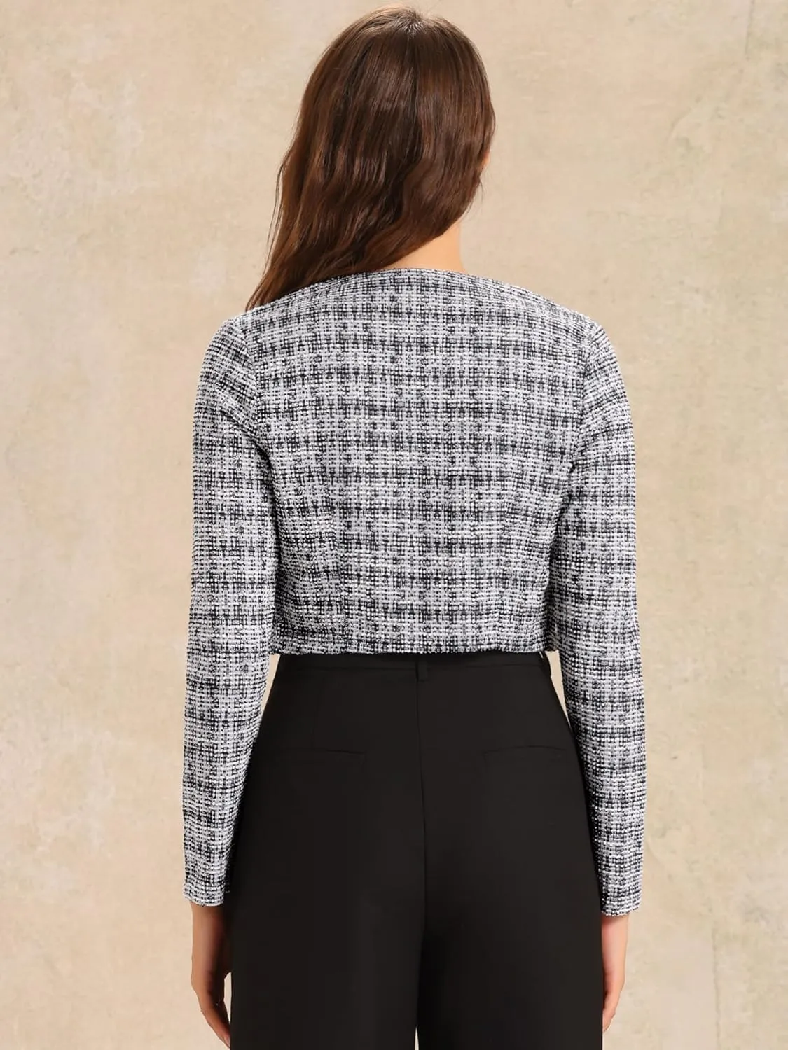 Allegra K Vintage Crop Shrugs for Women's Bolero Open Front Plaid Tweed Cardigan