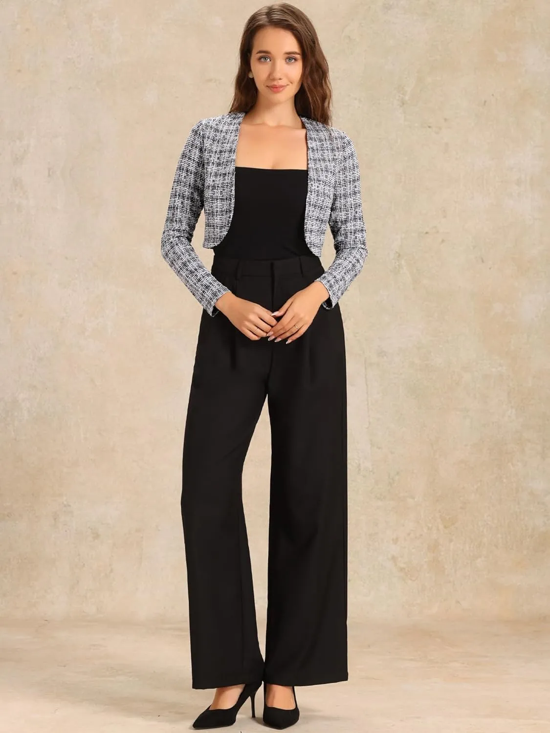 Allegra K Vintage Crop Shrugs for Women's Bolero Open Front Plaid Tweed Cardigan