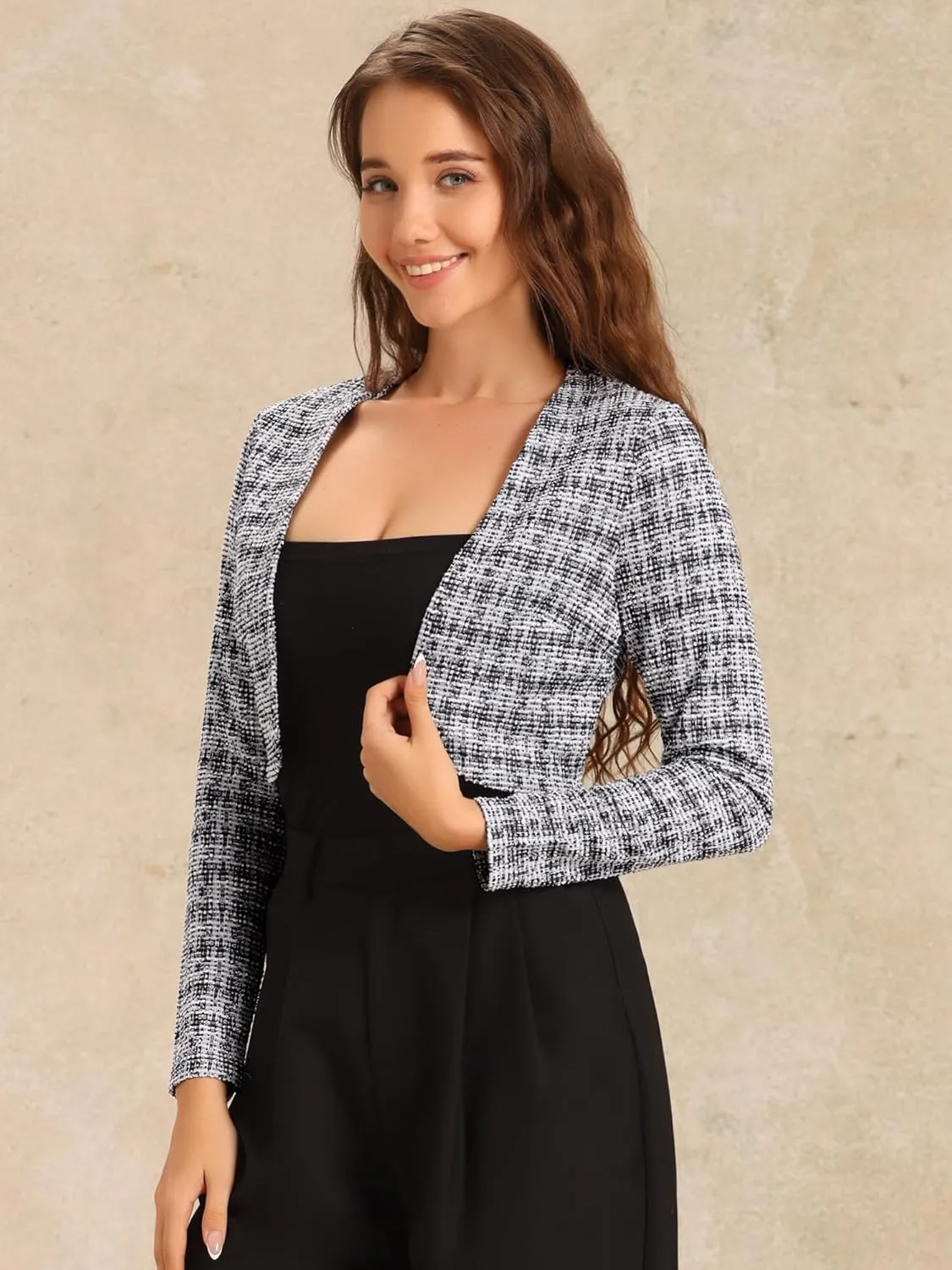 Allegra K Vintage Crop Shrugs for Women's Bolero Open Front Plaid Tweed Cardigan