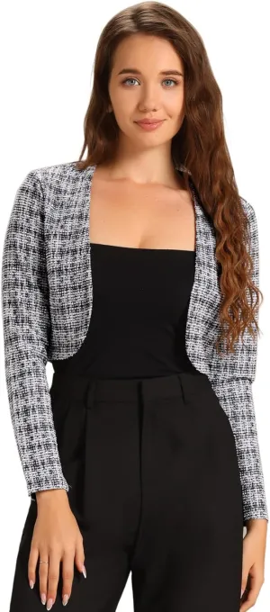 Allegra K Vintage Crop Shrugs for Women's Bolero Open Front Plaid Tweed Cardigan