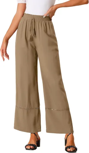 Allegra K Women's 2025 Summer Casual Pants Loose High Waist Drawstring Wide Leg Palazzo Trousers with Pockets