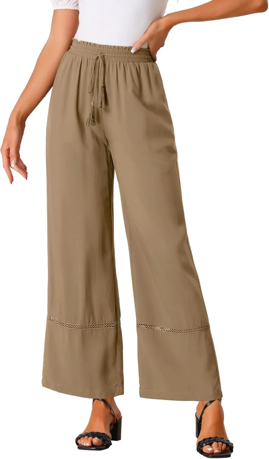 Allegra K Women's 2025 Summer Casual Pants Loose High Waist Drawstring Wide Leg Palazzo Trousers with Pockets
