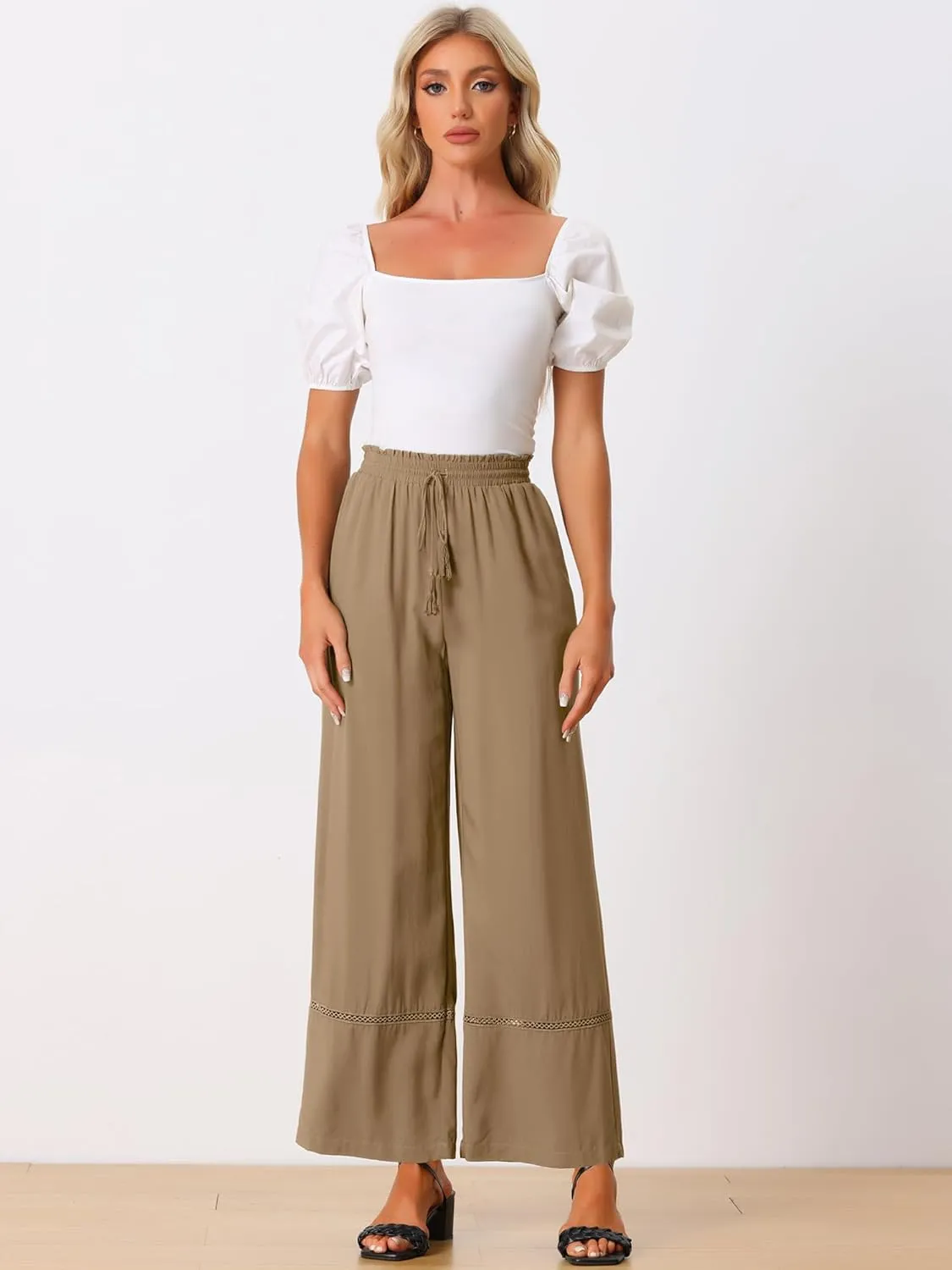 Allegra K Women's 2025 Summer Casual Pants Loose High Waist Drawstring Wide Leg Palazzo Trousers with Pockets