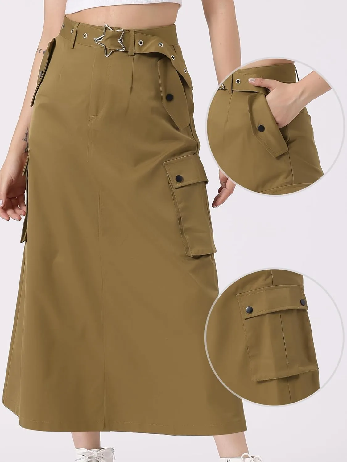 Allegra K Y2K Cargo Long Skirts for Women's Trendy Belt High Waisted Vintage Streetwear Skirt with Pockets