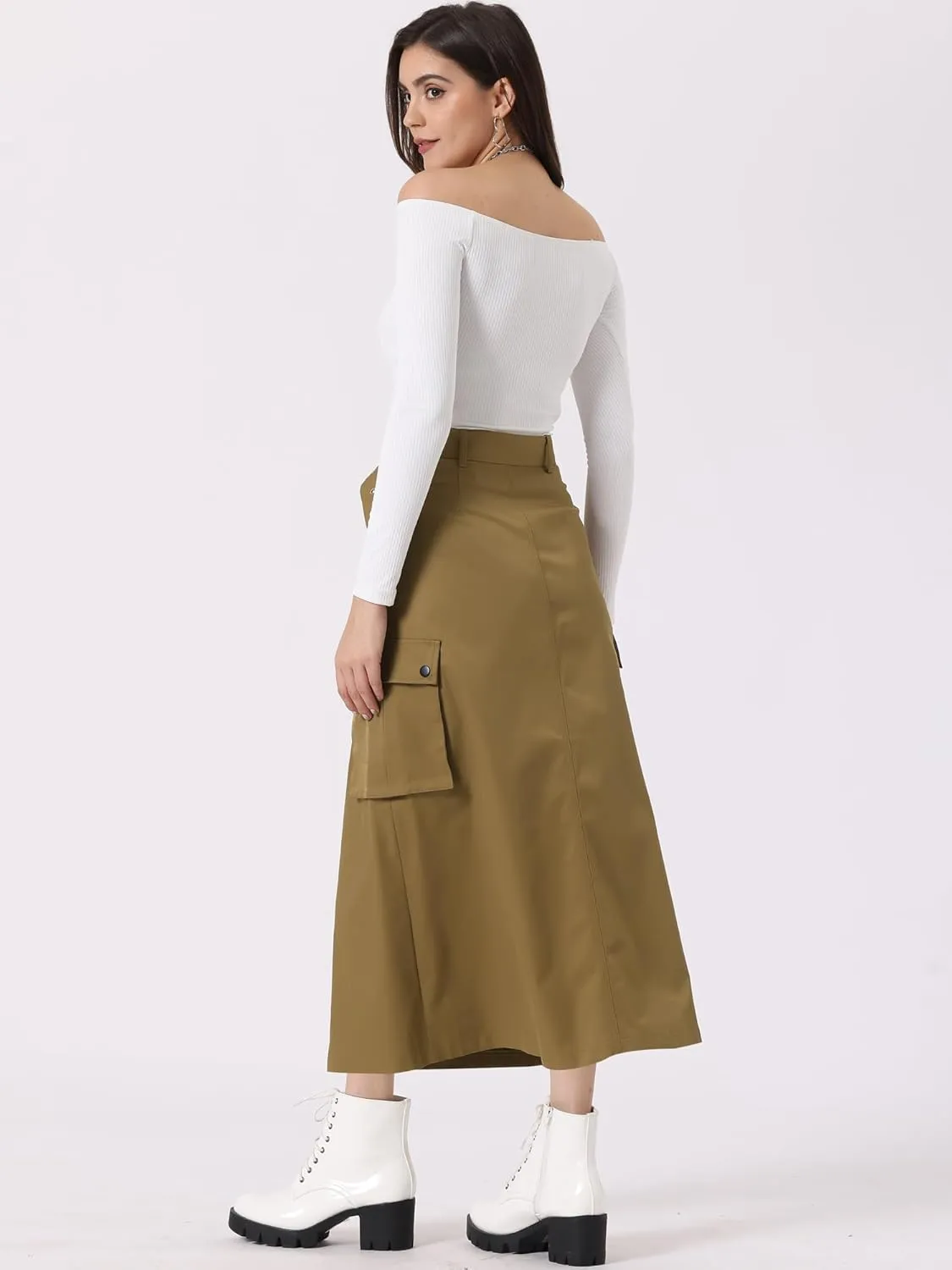 Allegra K Y2K Cargo Long Skirts for Women's Trendy Belt High Waisted Vintage Streetwear Skirt with Pockets