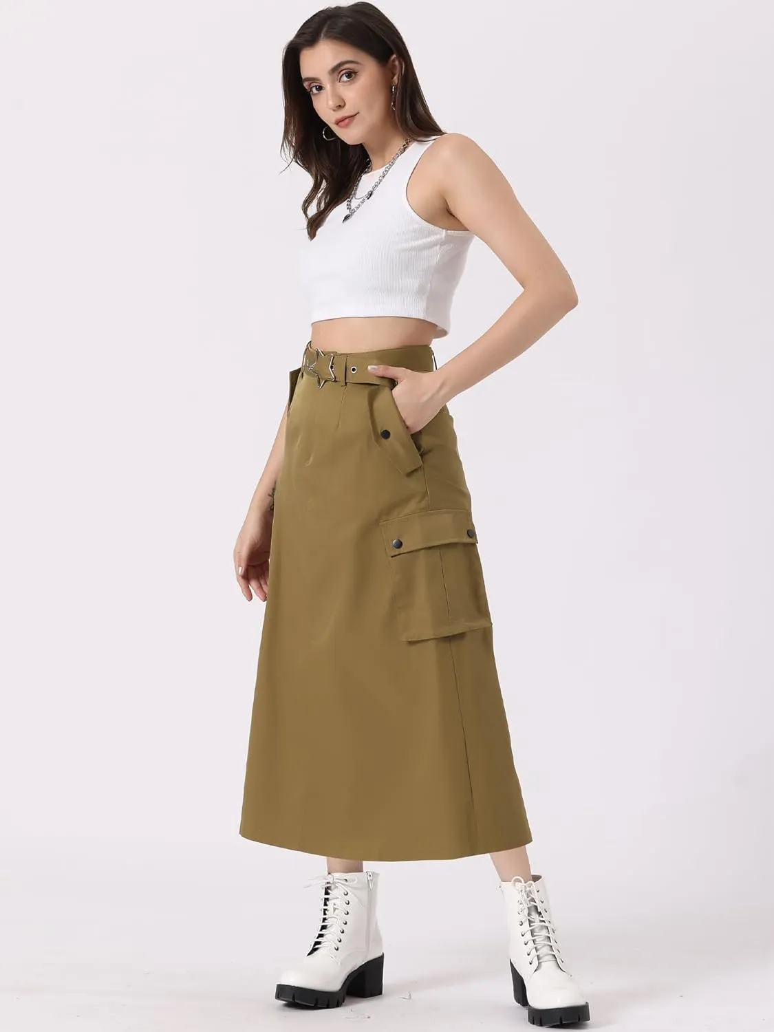 Allegra K Y2K Cargo Long Skirts for Women's Trendy Belt High Waisted Vintage Streetwear Skirt with Pockets