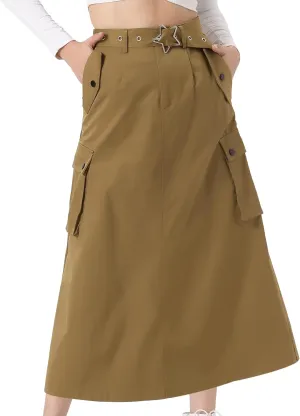 Allegra K Y2K Cargo Long Skirts for Women's Trendy Belt High Waisted Vintage Streetwear Skirt with Pockets