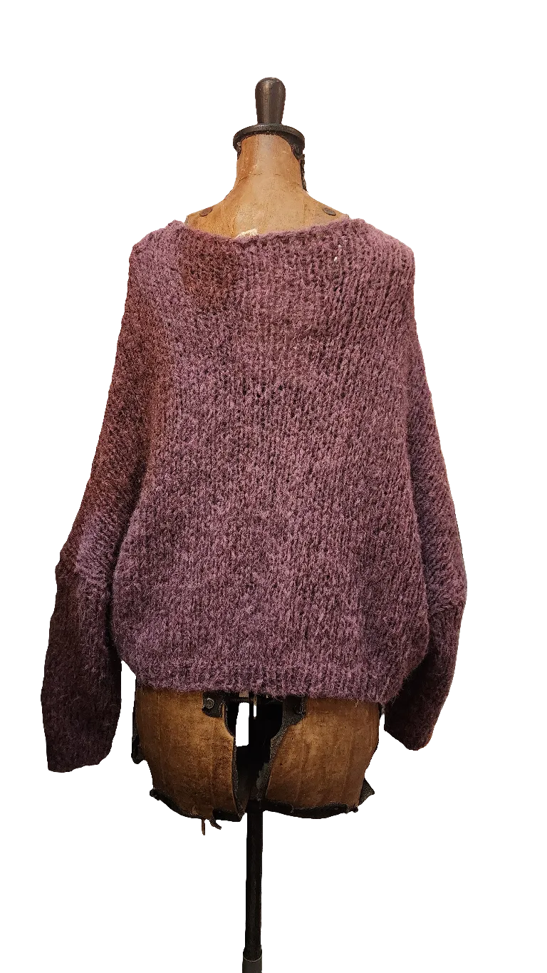 Alpaca hand knit batwing sweater - V neckline raspberry