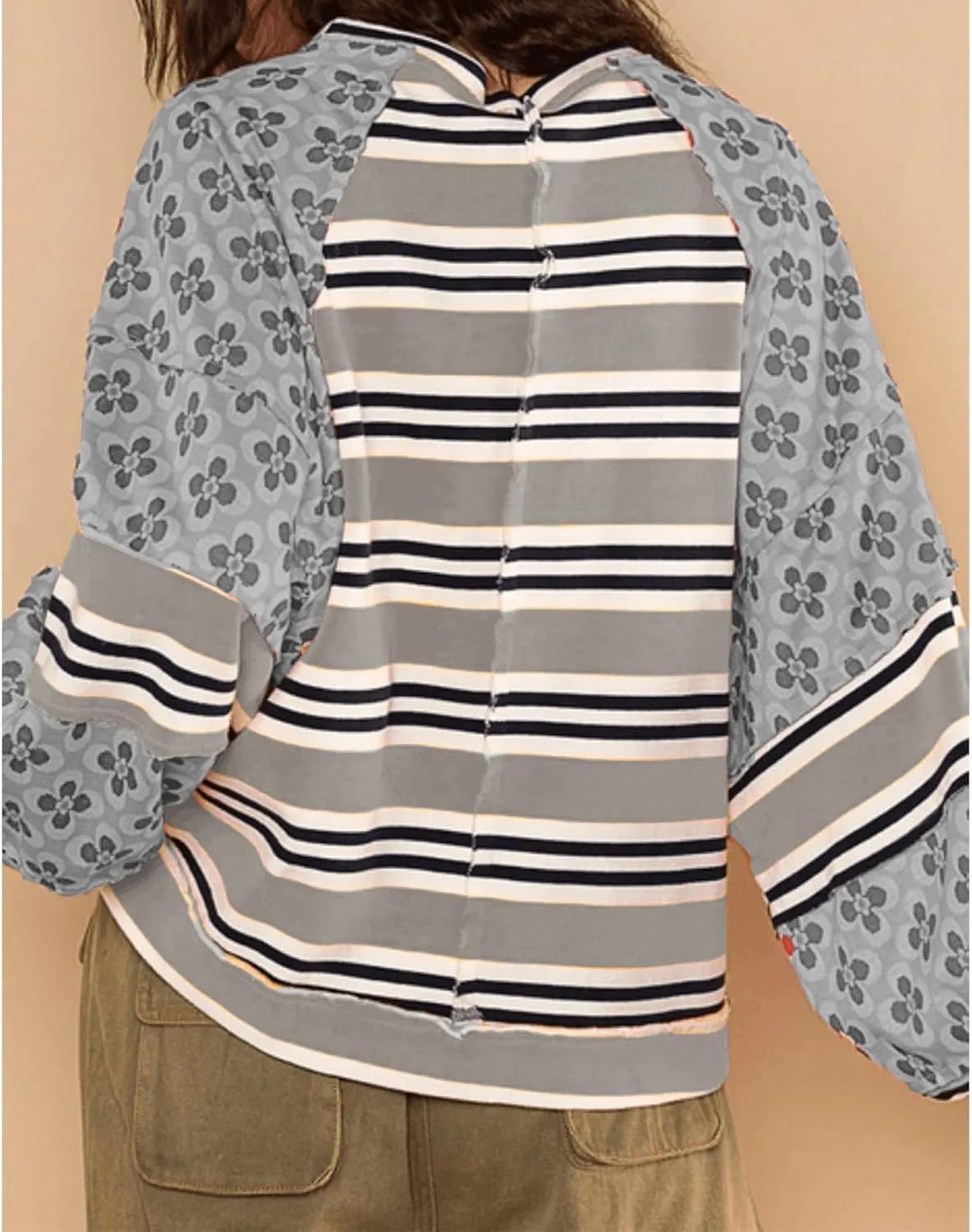 Amiblvowa Women Oversized Crew Neck Sweatshirts Y2K Cute Sweatshirt Teen Girls Striped Sweatshirt Long Sleeve Graphic Sweater