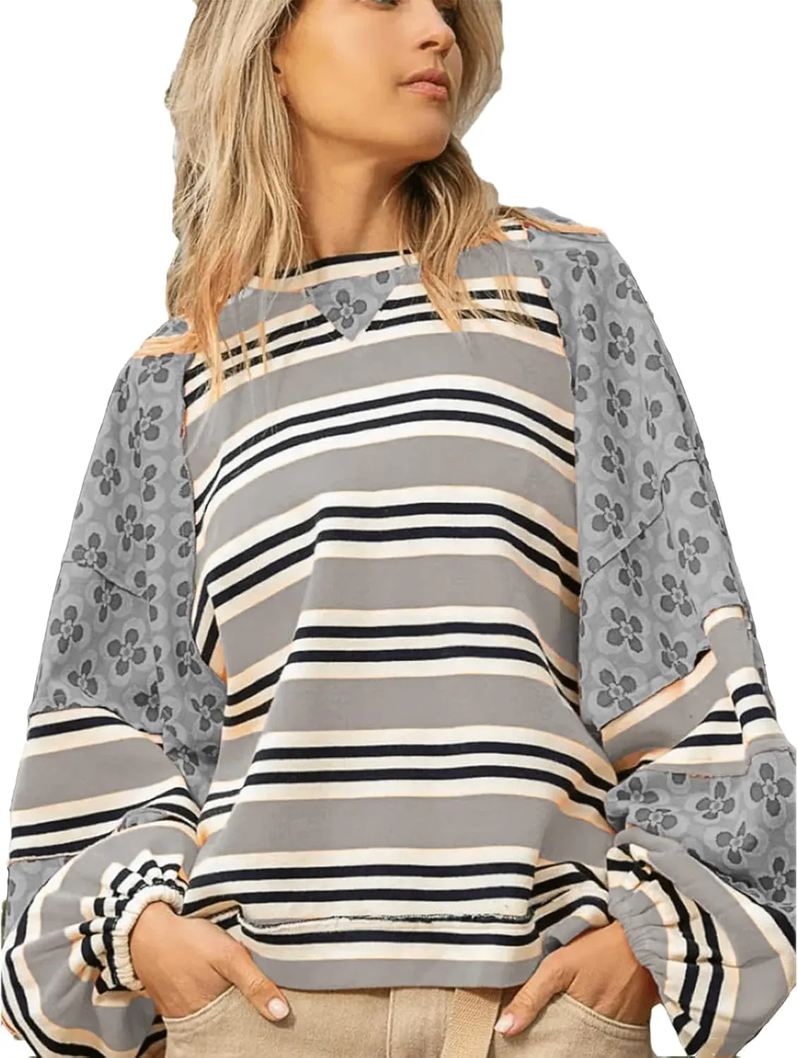Amiblvowa Women Oversized Crew Neck Sweatshirts Y2K Cute Sweatshirt Teen Girls Striped Sweatshirt Long Sleeve Graphic Sweater