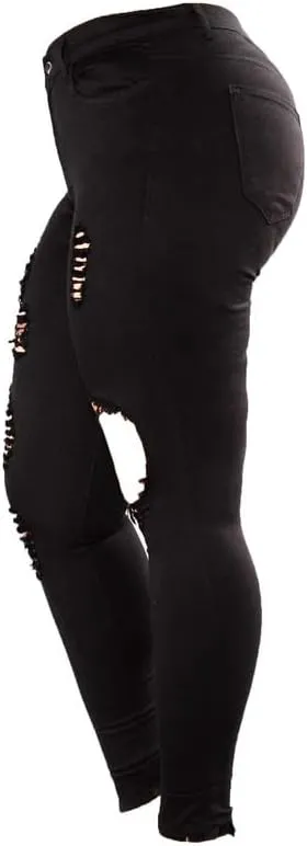 Andongnywell Plus Size Ripped Stretch Jeans Women Slim Skinny Denim Jean High Waist Hole Trousers Pants