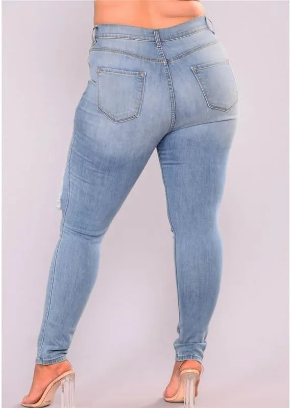 Andongnywell Plus Size Ripped Stretch Jeans Women Slim Skinny Denim Jean High Waist Hole Trousers Pants