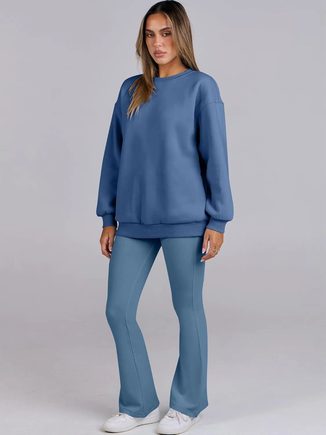 ANRABESS Women 2 Piece Sweatsuits Lounge Set Oversized Fleece Crewneck Sweatshirts Flare Pants 2025 Fall Outfits Clothes