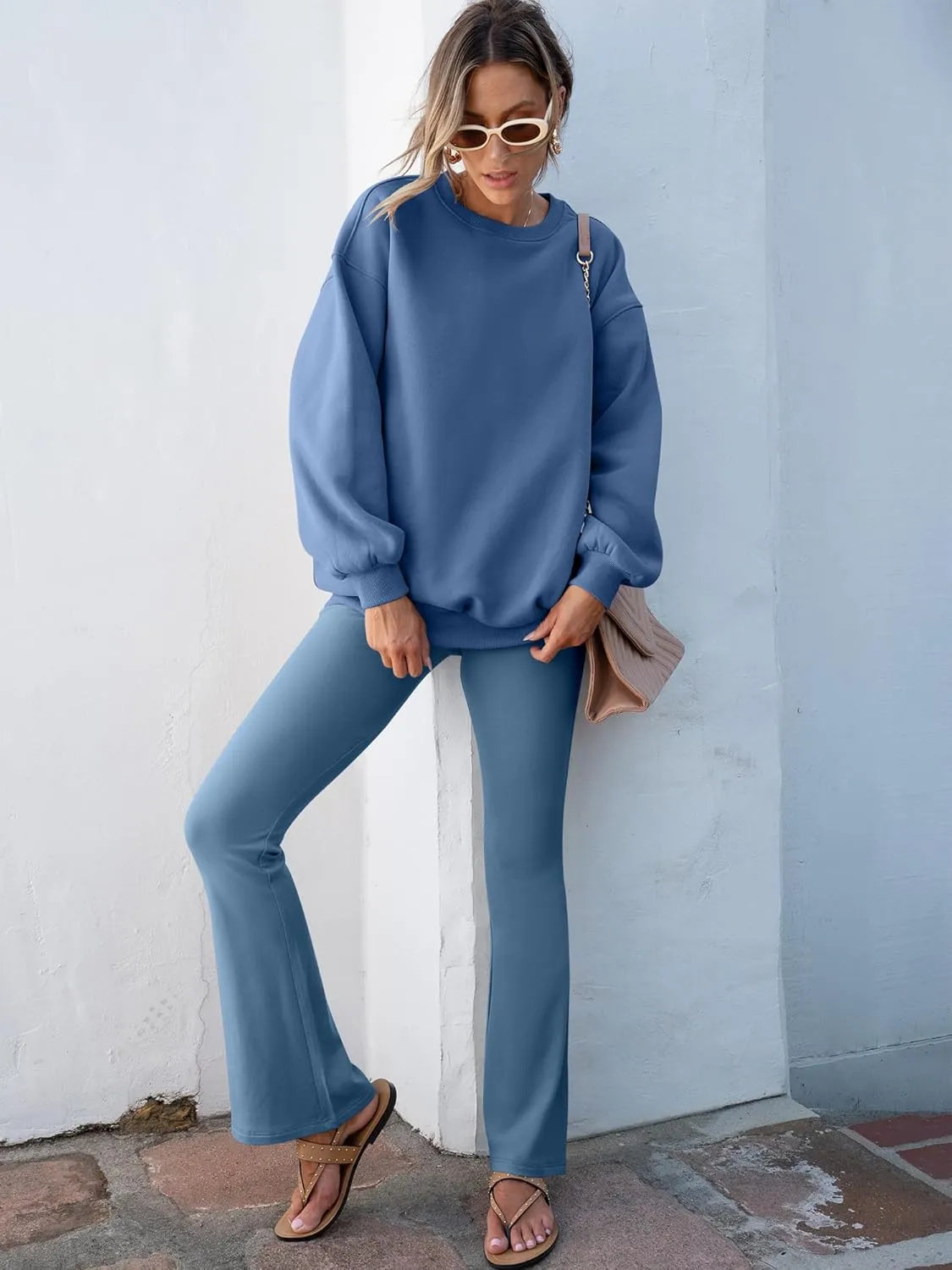 ANRABESS Women 2 Piece Sweatsuits Lounge Set Oversized Fleece Crewneck Sweatshirts Flare Pants 2025 Fall Outfits Clothes