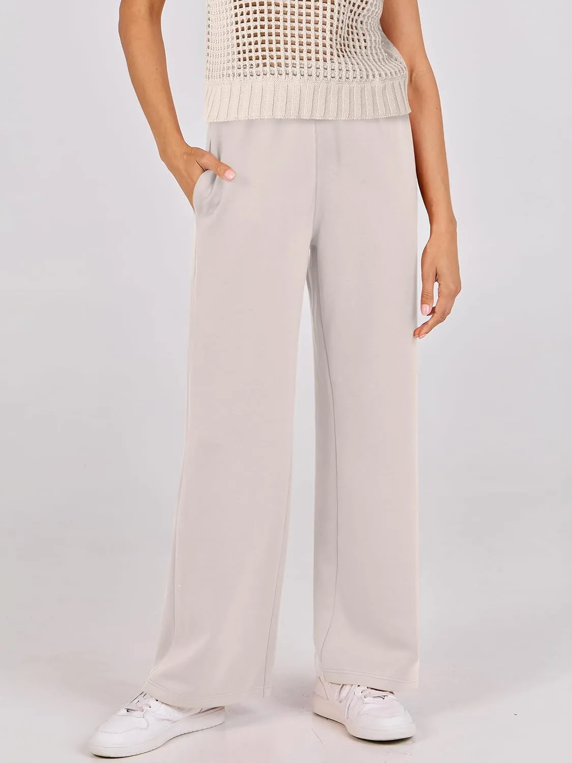 ANRABESS Women Two Piece Outfits Crochet Sheer Knit Sweater Top Wide Leg Pants Lounge Matching Sets Sweatsuit Travel Clothes