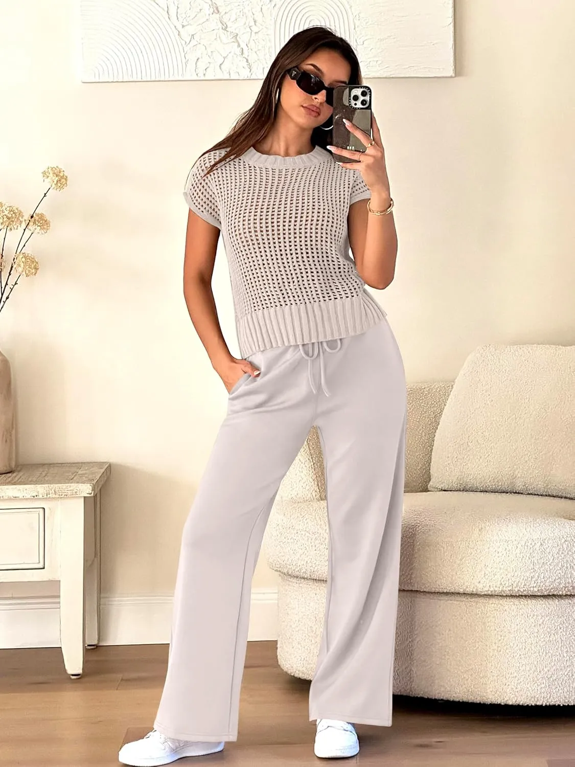 ANRABESS Women Two Piece Outfits Crochet Sheer Knit Sweater Top Wide Leg Pants Lounge Matching Sets Sweatsuit Travel Clothes