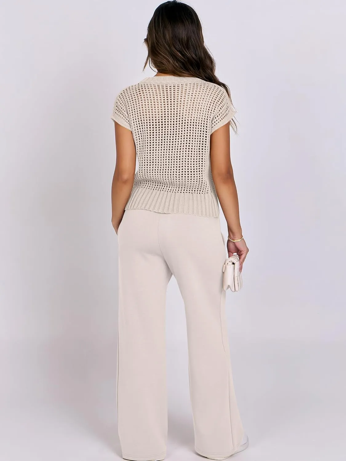 ANRABESS Women Two Piece Outfits Crochet Sheer Knit Sweater Top Wide Leg Pants Lounge Matching Sets Sweatsuit Travel Clothes