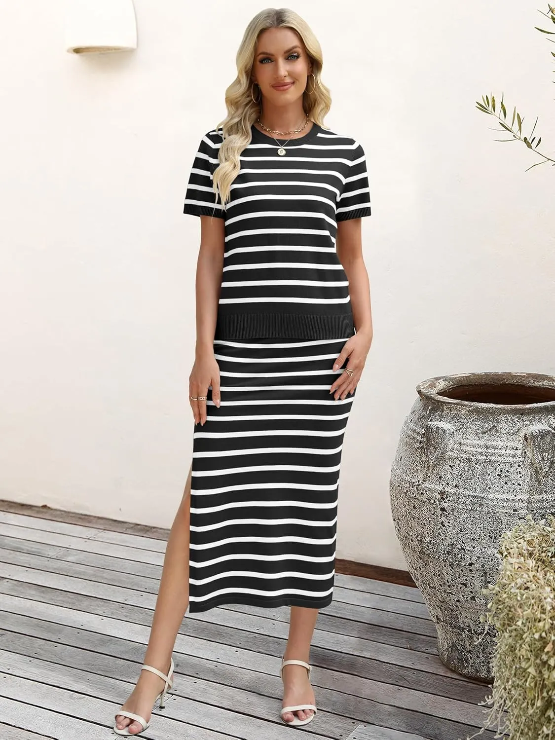 ANRABESS Womens 2 Piece Outfits Striped Sweater Skirt Sets 2025 Summer Casual Short Sleeve Pullover Tops Travel Midi Dress