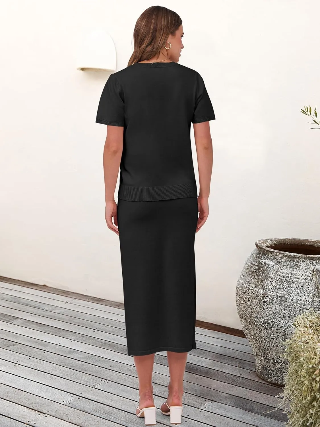 ANRABESS Womens 2 Piece Outfits Striped Sweater Skirt Sets 2025 Summer Casual Short Sleeve Pullover Tops Travel Midi Dress