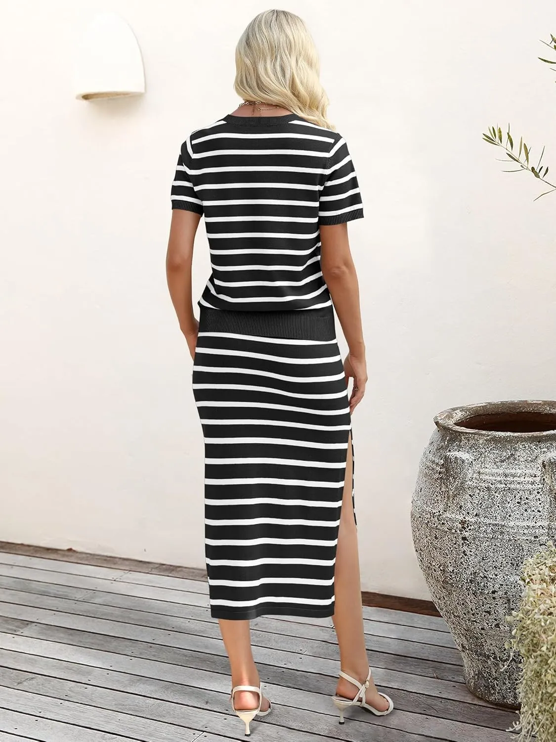 ANRABESS Womens 2 Piece Outfits Striped Sweater Skirt Sets 2025 Summer Casual Short Sleeve Pullover Tops Travel Midi Dress