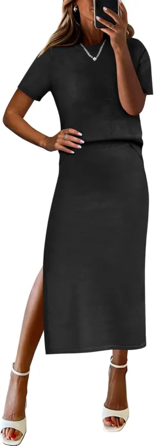 ANRABESS Womens 2 Piece Outfits Striped Sweater Skirt Sets 2025 Summer Casual Short Sleeve Pullover Tops Travel Midi Dress