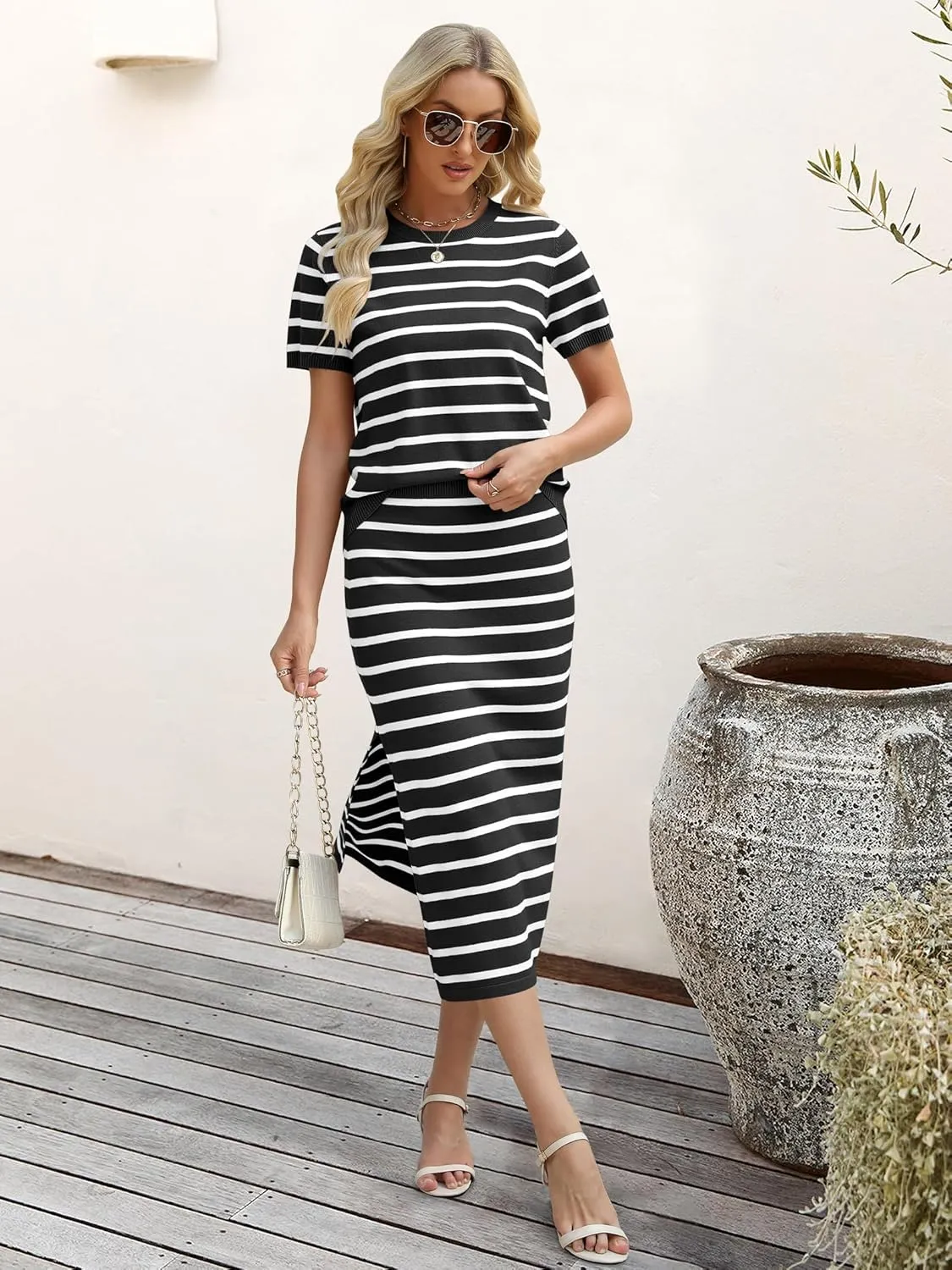 ANRABESS Womens 2 Piece Outfits Striped Sweater Skirt Sets 2025 Summer Casual Short Sleeve Pullover Tops Travel Midi Dress