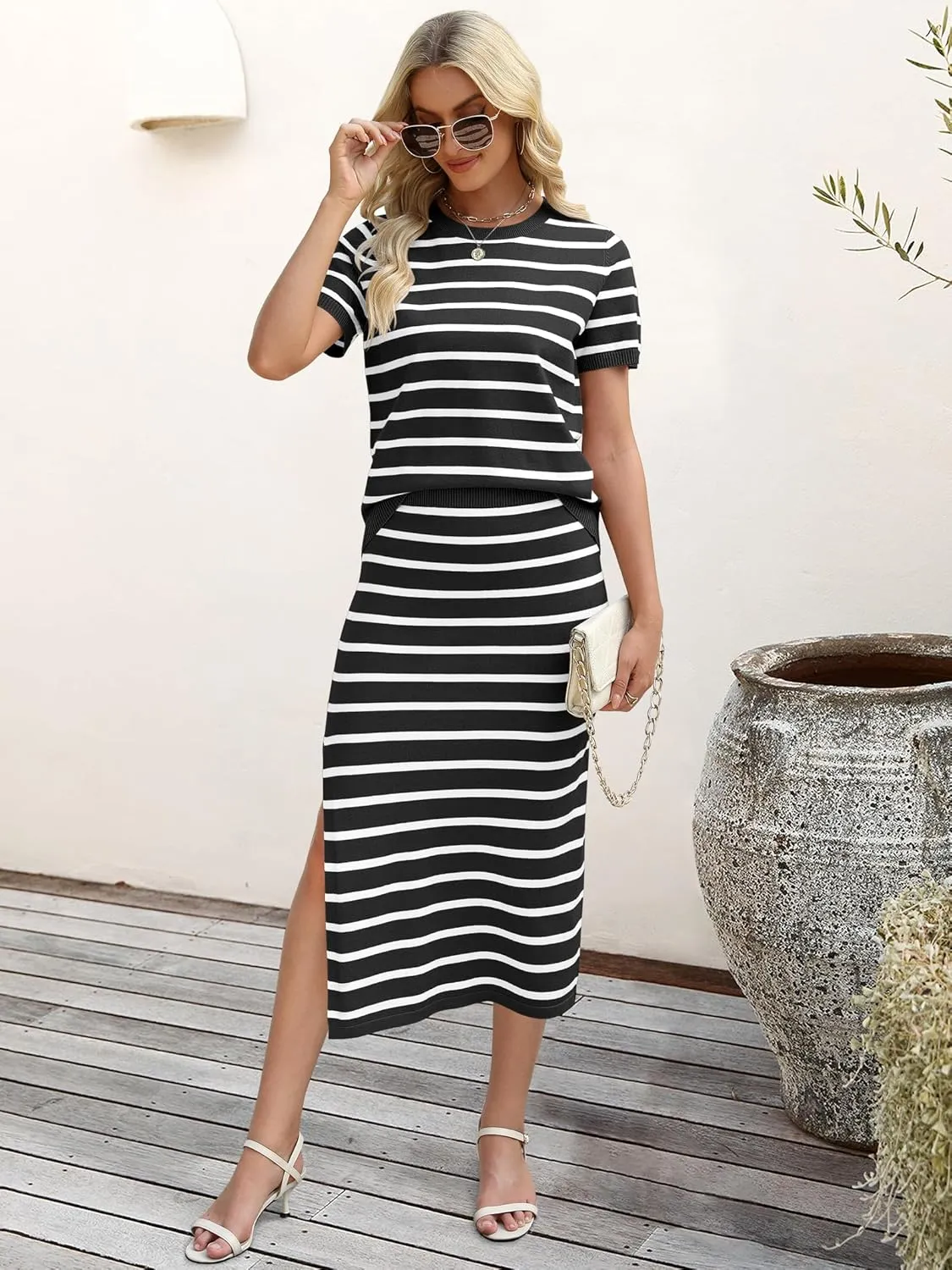ANRABESS Womens 2 Piece Outfits Striped Sweater Skirt Sets 2025 Summer Casual Short Sleeve Pullover Tops Travel Midi Dress