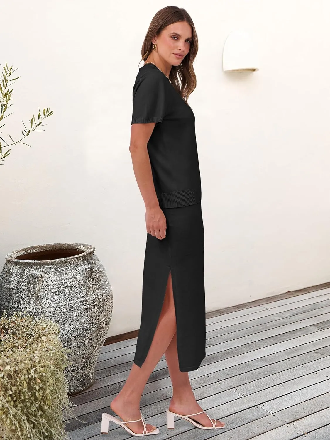 ANRABESS Womens 2 Piece Outfits Striped Sweater Skirt Sets 2025 Summer Casual Short Sleeve Pullover Tops Travel Midi Dress