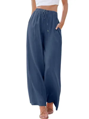 ANRABESS Womens Linen Palazzo Pants Summer Flowy Wide Leg Drawstring Casual Trousers with Pockets Beach Vacation Outfits