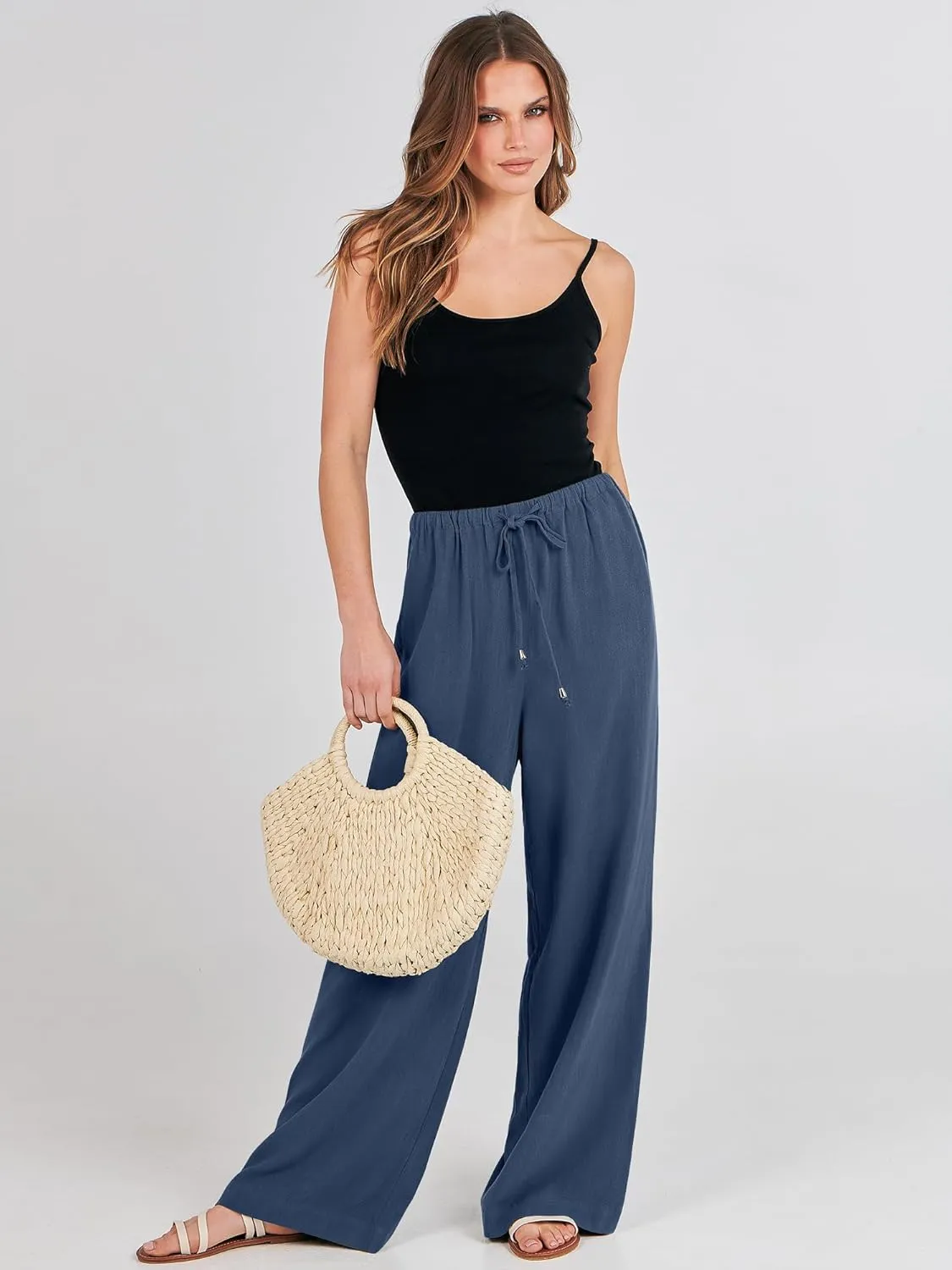 ANRABESS Womens Linen Palazzo Pants Summer Flowy Wide Leg Drawstring Casual Trousers with Pockets Beach Vacation Outfits